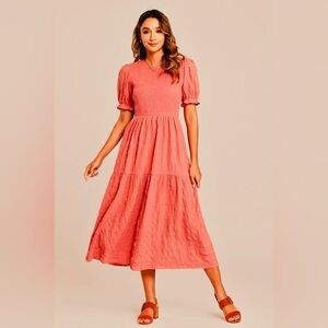 Peach Smocked Midi Summer Dress
